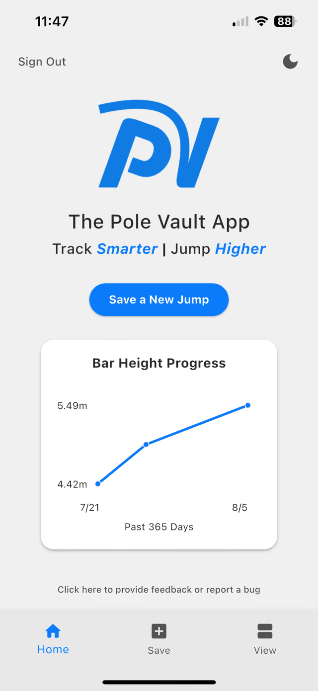 Pole Vault App home screen showing jump statistics and features